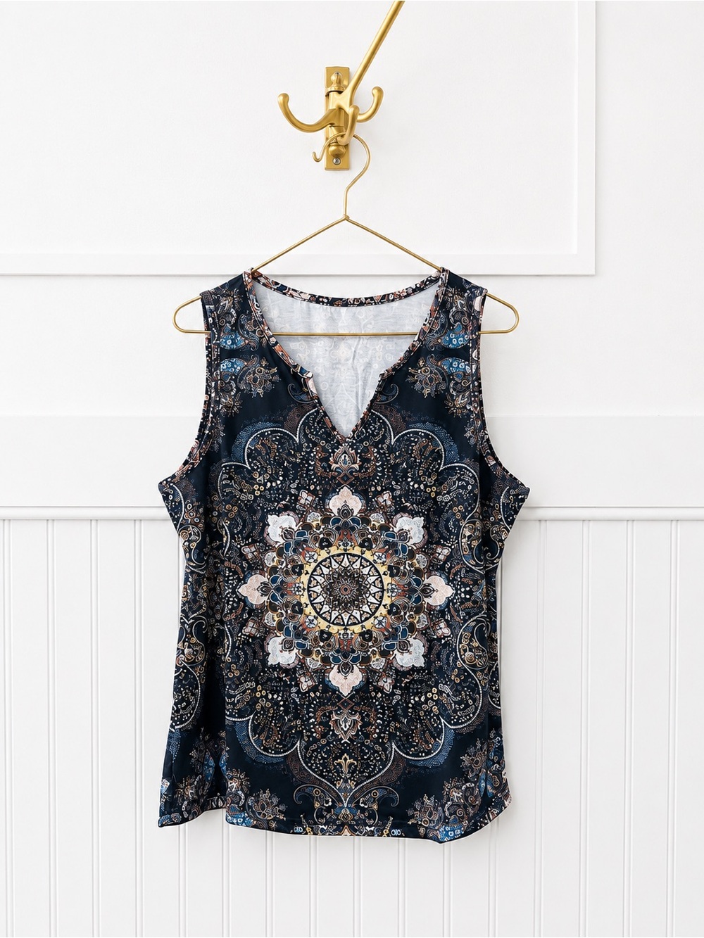 Sleeveless V-Neck Mandala Print Top - Navy